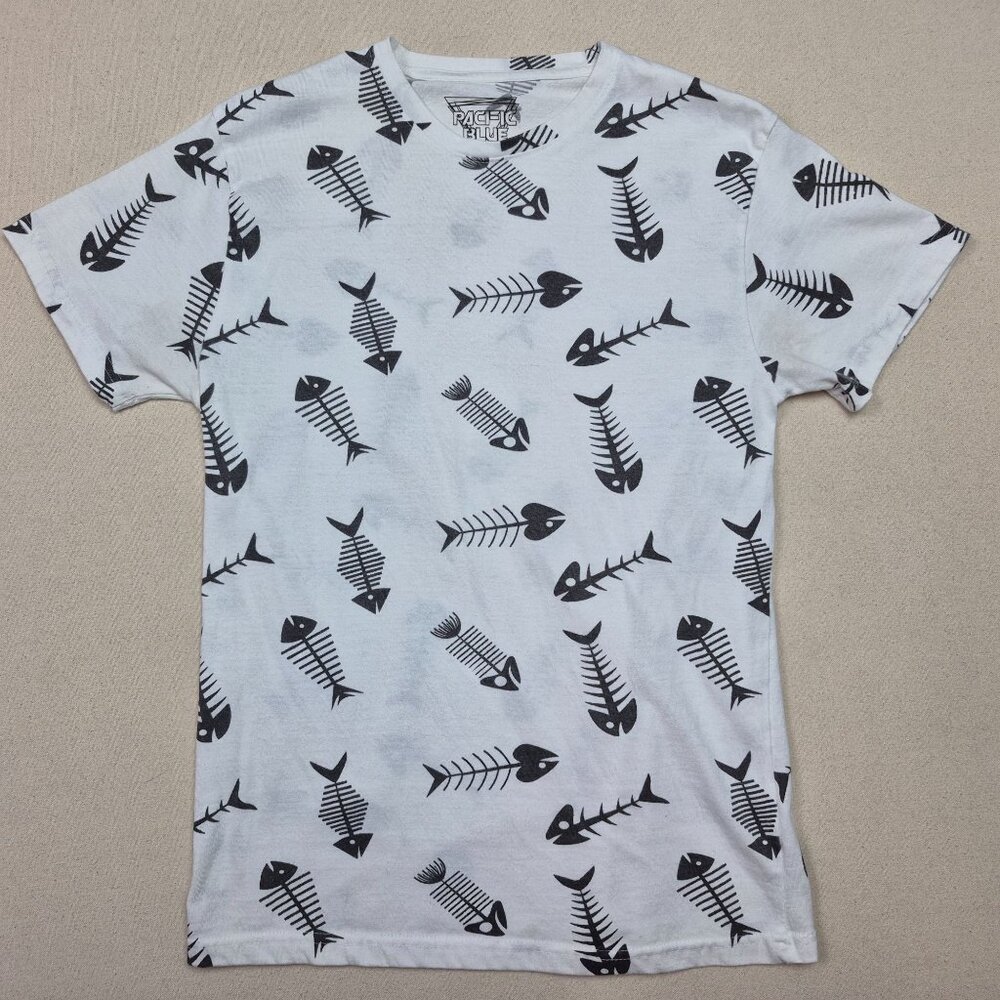 Pacific Blue Unisex Fishbone Skeleton White/Black Short Sleeve T-Shirt Sz M